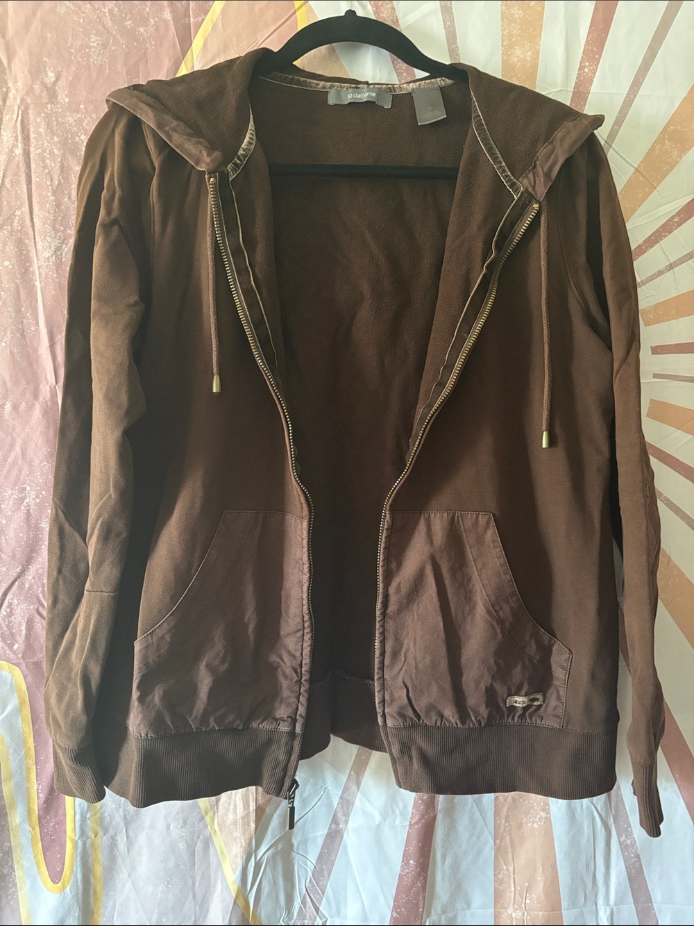 Liz Claiborne Brown Hooded Zip Jacket Fall layering piece size M